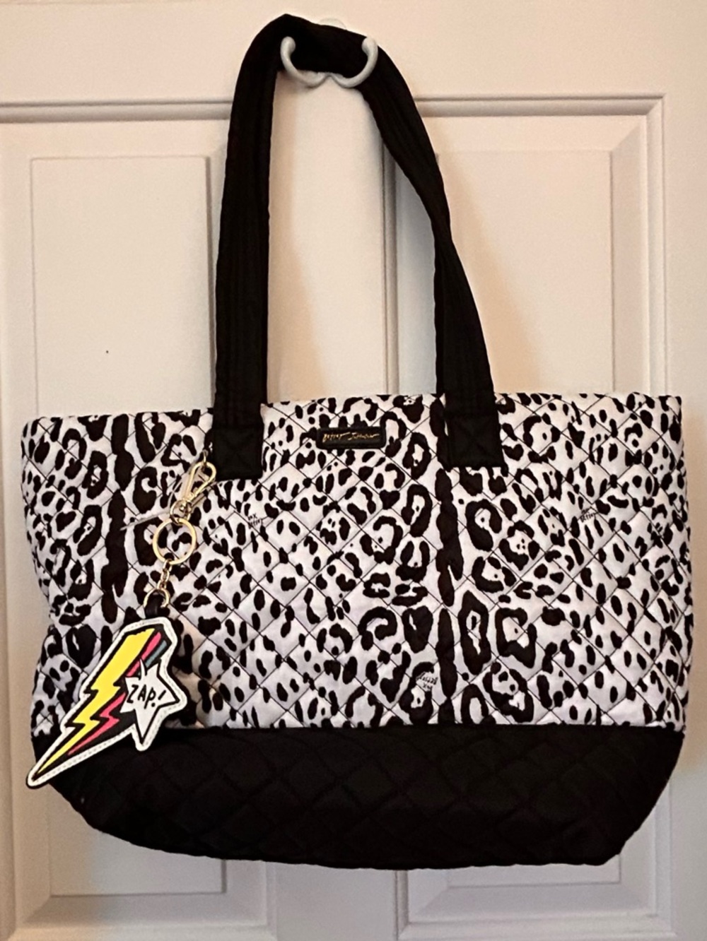 Betsey Johnson Quilted Leopard Print Nylon Tote With Lightning Bolt Key Chain
